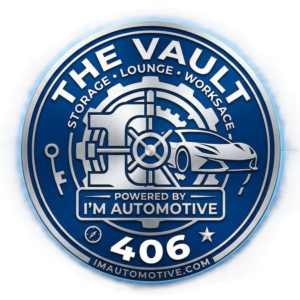 "The Vault 406 Luxury Car Storage and Social Clubhouse official glowing emblem, powered by IM Automotive in Billings, Montana."