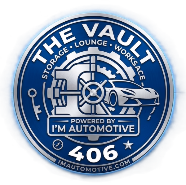 "The Vault 406 Luxury Car Storage and Social Clubhouse official glowing emblem, powered by IM Automotive in Billings, Montana."