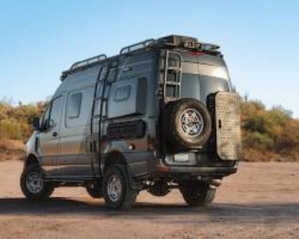 Mercedes Sprinter equipped with an Owl Vans rear door cargo carrier and bike rack system.